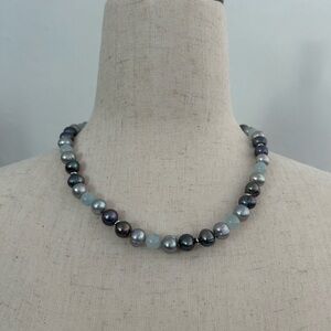 Honora black & grey pearl necklace w/ aquamarine beads & silver spacers